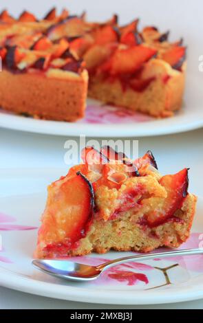 A slice of fresh plum tart on a  plate. Stock Photo