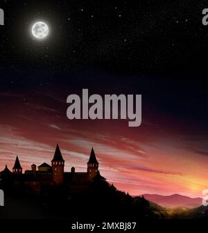 Fairy tale world. Magnificent castle under starry sky at night, banner ...