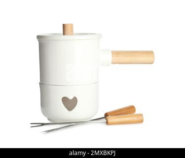 Fondue set isolated on white. Cooking utensils Stock Photo