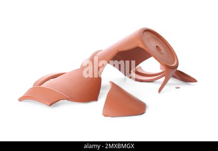 Broken terracotta flower pot isolated on white Stock Photo