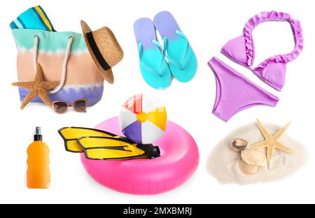 Set of different stylish beach objects on white background Stock Photo