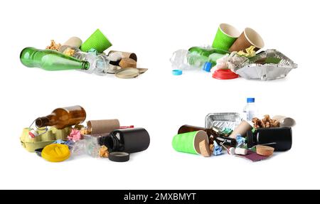 Set of piles with different garbage on white background. Waste management and recycling Stock Photo