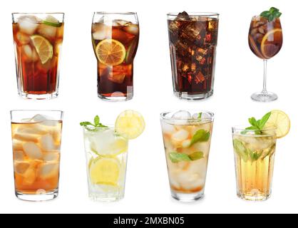 Set of soft and strong refreshing drinks on white background Stock Photo