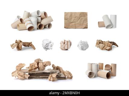 Set of cardboard garbage on white background. Waste management and recycling Stock Photo