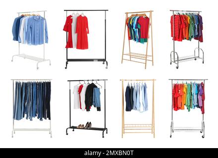 Set of wardrobe racks with different clothes on white background Stock Photo