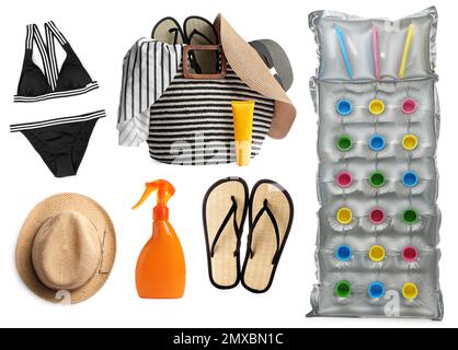 Set of different stylish beach objects on white background Stock Photo