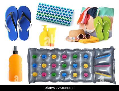 Set of different stylish beach objects on white background Stock Photo