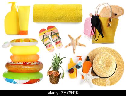 Set of different stylish beach objects on white background Stock Photo