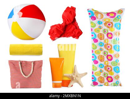 Set of different stylish beach objects on white background Stock Photo