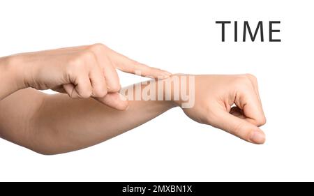 Woman showing word Time on white background, closeup. American sign language Stock Photo