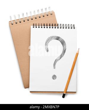 Stylish notebook with question mark and pencil on white background, top view Stock Photo