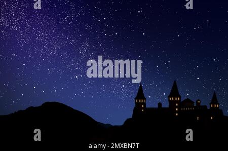 Fairy tale world. Magnificent castle under starry sky at night, banner ...