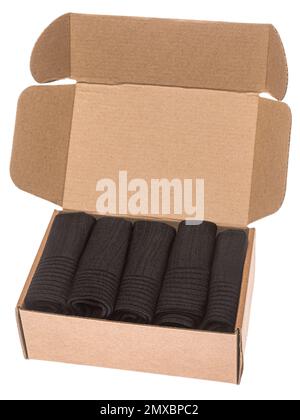 Open foldable carton box with 5-pack black socks isolated on white background Stock Photo