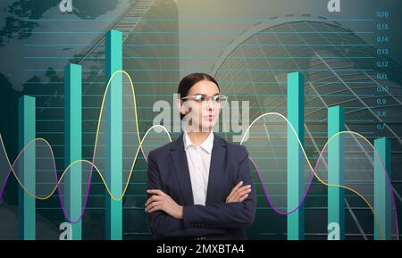 Financial charts, businesswoman and modern building on background. Stock exchange trading Stock Photo