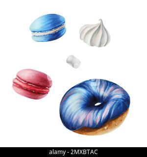 Watercolor composition with macaron, marshmallow, meringue, donut. Hand painting sweet on a white isolated background. For designers, menu, shop, bar Stock Photo