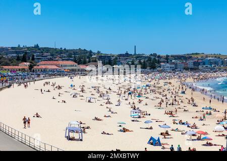 Bondi beach Sydney Australia, crowded bondi beach in summer 2023, beachgoers sunbathe and swim,Sydney,NSW,Australia Stock Photo