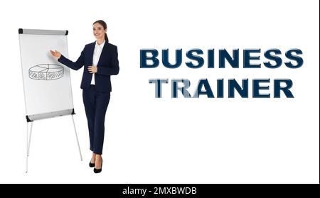 Professional business trainer giving presentation on white background Stock Photo