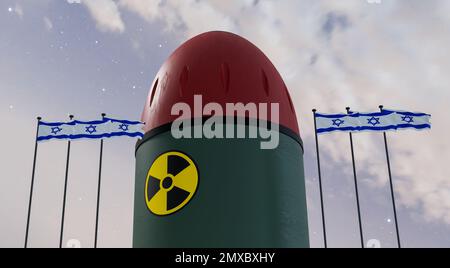 Nuclear missiles and Israel flag in background. Missiles with warheads are ready to be launched. missile defense. Nuclear, chemical weapons. radiation Stock Photo