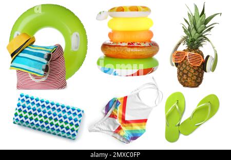 Set of different stylish beach objects on white background Stock Photo