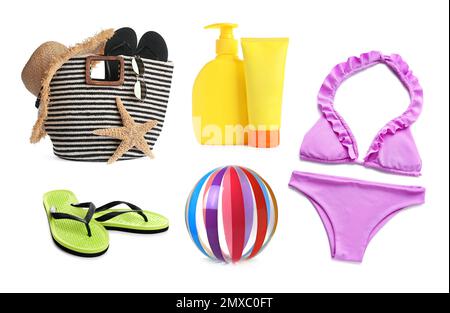 Set of different stylish beach objects on white background Stock Photo