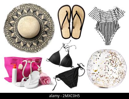 Set of different stylish beach objects on white background Stock Photo