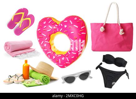Set of different stylish beach objects on white background Stock Photo