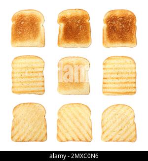 Set of toasted bread slices on white background, top view Stock Photo