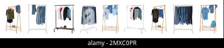 Set of wardrobe racks with different clothes on white background. Banner design Stock Photo