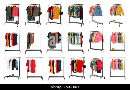 Set of wardrobe racks with different clothes on white background Stock Photo