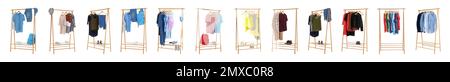Set of wardrobe racks with different clothes on white background. Banner design Stock Photo