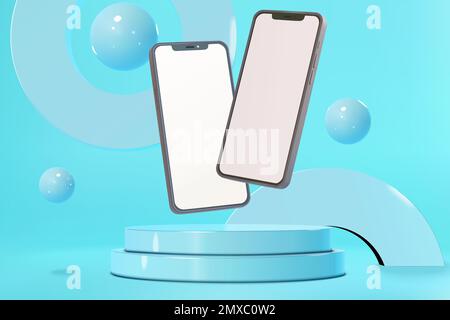 Vector podium presentation scene with smartphone mockups and geometric shapes Stock Vector
