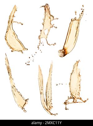 Set with abstract splashes of expensive whiskey on white background Stock Photo