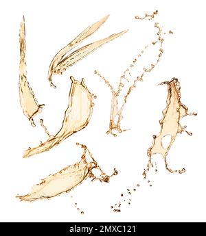 Set with abstract splashes of expensive whiskey on white background Stock Photo