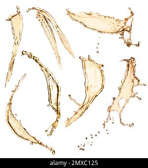Set with abstract splashes of expensive whiskey on white background Stock Photo