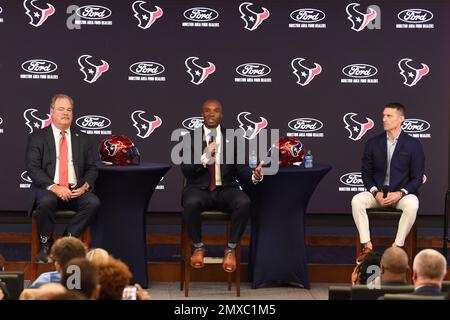 The Houston Texans Chairman and CEO Cal McNair andGeneral Manager Nick Caserio introduce new head coach DeMeco Ryans on February 2, 2023 at NRG Stadiu Stock Photo