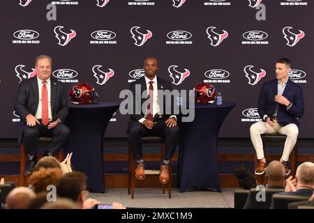 The Houston Texans Chairman and CEO Cal McNair andGeneral Manager Nick Caserio introduce new head coach DeMeco Ryans on February 2, 2023 at NRG Stadiu Stock Photo