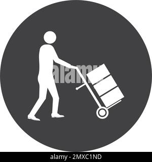 Mover pushing moving hand truck or dolly with boxes flat vector icon. Stock Vector