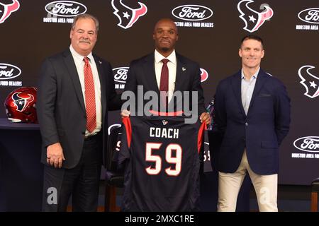 The Houston Texans Chairman and CEO Cal McNair and general manager Nick Caserio introduce new head coach DeMeco Ryans on February 2, 2023 at NRG Stadi Stock Photo