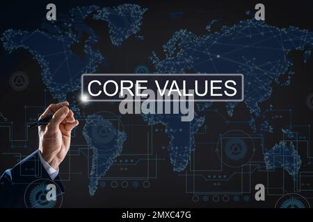 Core values concept. Businessman using virtual screen Stock Photo