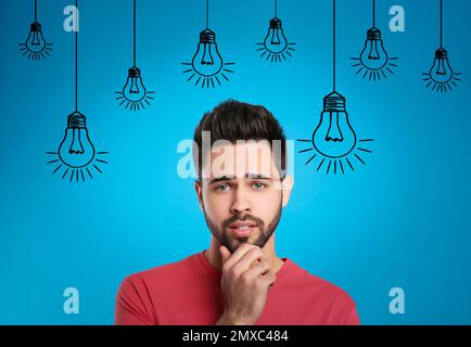 Lightbulbs illustration and thoughtful man in casual outfit on blue background. Business idea Stock Photo