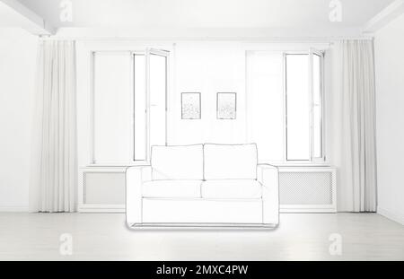 Stylish room with comfortable sofa. Illustrated interior design Stock Photo