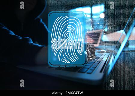 Fingerprint identification. Man working with laptop at table, closeup Stock Photo