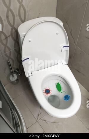 Illustration of microbes on toilet bowl in bathroom, above view Stock Photo