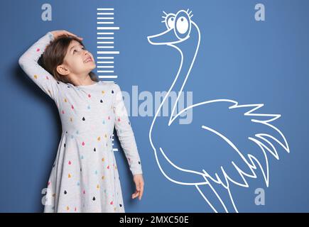 Little girl measuring height and drawing of ostrich on blue background Stock Photo