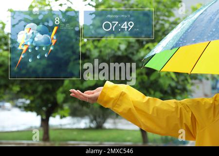 Woman with colorful umbrella outdoors on rainy day and weather forecast widgets, closeup. Mobile application Stock Photo