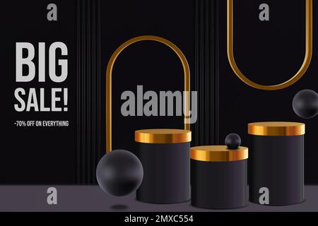 3D realistic pedestals with golden details and copy space Stock Vector