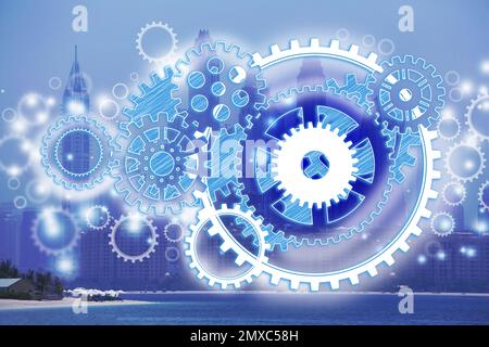 Illustration of gear mechanism and cityscape on background Stock Photo