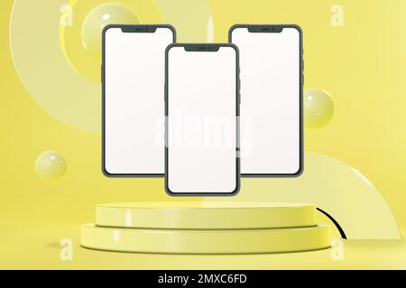 Vector podium presentation scene with smartphone mockups bright presentation Stock Vector
