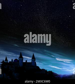 Fairy tale world. Magnificent castle under starry sky at night, banner ...