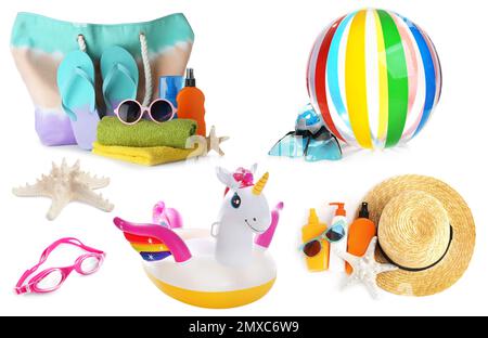 Set of different stylish beach objects on white background Stock Photo